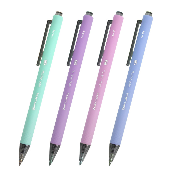 Ручки шариковые автоматические BRAUBERG "VIVID PASTEL", СИНИЕ, НАБОР 4 ШТУКИ, soft-touch, пишущий узел 0,7 мм, линия письма 0,35 мм, 144408