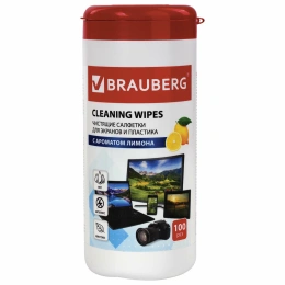 "ЛИМОН" хош иісі бар brauberg барлық типтегі және пластиктен жасалған экран майлықтары, туба 100 дана, дымқыл, 511688