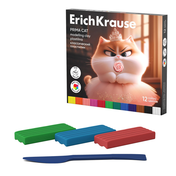 Пластилин классический ErichKrause Прима-кошка 12 цветов со стеком, 192 г (в коробке 12 шт)